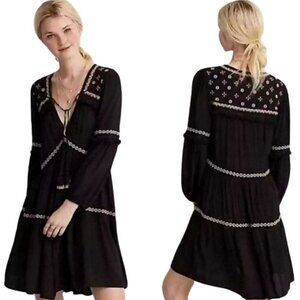 American Eagle Black Dress Boho Long Sleeve Gauzy Fringe Embroidered Size Medium